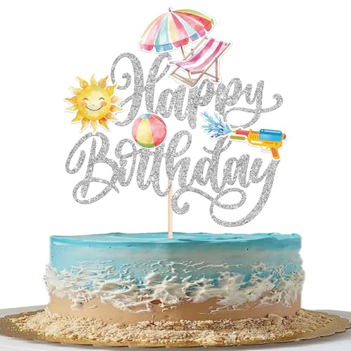Xsstarmi Tortenaufsatz "Happy Birthday", silberfarben, glitzernd, Sommerstrandmotiv, für tropische Strand-Themen, Babyparty, Kindergeburtstag, Party, Kuchendekoration, 1 Stück von Xsstarmi