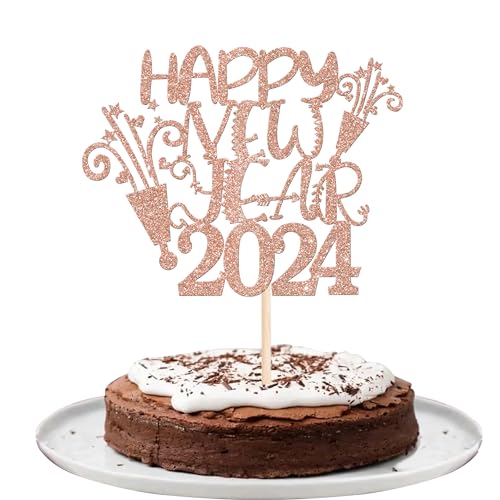 Xsstarmi Tortenaufsatz "Happy New Year" 2024, glitzernd, "Cheers to 2024", für Hello 2024, Feiern Sie Happy New Years Eve Party, Kuchendekorationen, Zubehör, Roségold, 1 Packung von Xsstarmi
