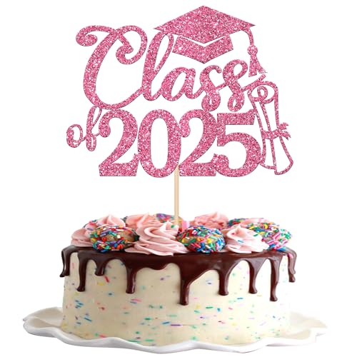 Xsstarmi Tortenaufsatz für Abschlussfeier 2025, glitzernd, Aufschrift "Congrats Grad", für Abschlussfeier 2025, Party, Kuchendekoration, Rosa, 1 Stück von Xsstarmi