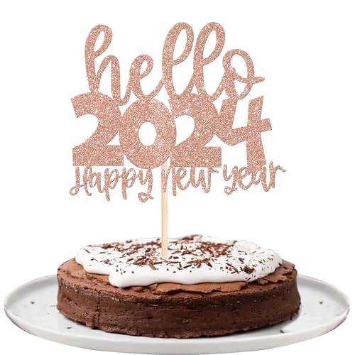 Xsstarmi Tortenaufsatz mit Aufschrift "Hello 5,130.0 cm, glitzernd, "Cheers to 5,130.0 cm, für Welcome 2024, Feiern Sie Happy New Years-Party, Kuchendekorationen, Zubehör, Roségold, 1 Packung von Xsstarmi