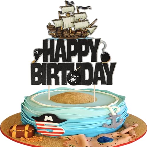 Xsstarmi Tortenaufsatz mit Piraten-Motiv "Happy Birthday", Piratenschiff, Kuchendekoration für Piraten-Themen, Babyparty, Kindergeburtstag, Party, Kuchendekoration, 1 Stück von Xsstarmi