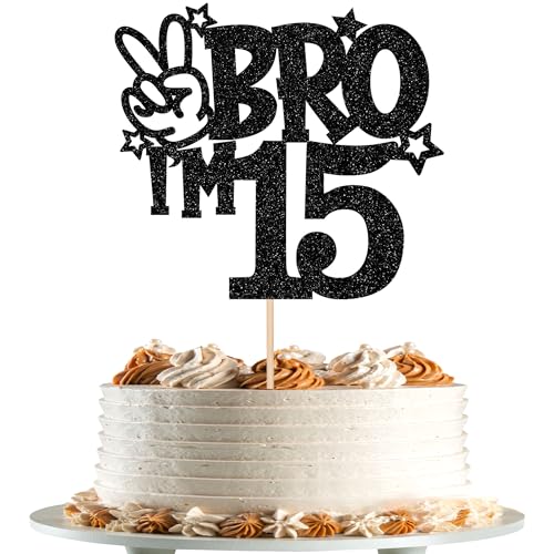 Xsstarmi Tortenaufsatz zum 15. Geburtstag, schwarzer Stern mit Glitzer, Aufschrift "Yes Bro I'm 15 Fabulous Cake Pick Cheers to 15 Years", Kuchendekorationen für Happy 15th Birthday von Xsstarmi