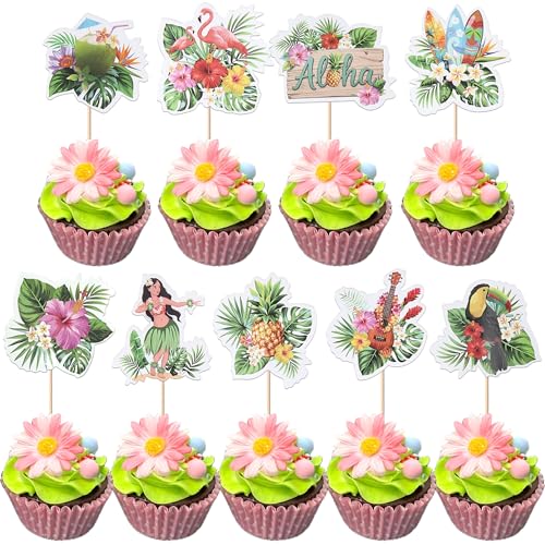 Xsstarmi Tropische Hawaii-Cupcake-Topper, tropische Pflanzen, Flamingo-Gitarre, Hula-Aloha-Cupcake-Picks für Sommer, Hawaii, Strand, Babyparty, Hochzeit, Geburtstag, Party, Kuchendekorationen von Xsstarmi
