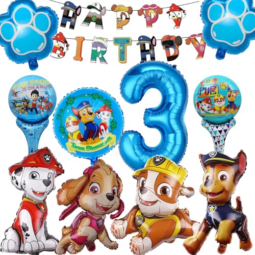 10-teiliges Hunde-Thema Geburtstag Partyset für Kinder – Banner, Zahl 3 Ballon, Figurenballons, Handstäbe, Bänder & Zubehör von Xtaguvdm