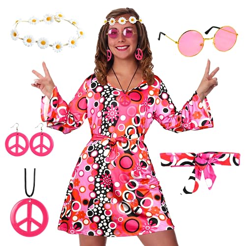 Xtaguvdm Damen Kleid und Hippie Accessoires, Hippie Kostüm Damen Accessoires, 70er Jahre Bekleidung Damen, 60er 70er Kleid Hippie Kleidung, für 60er 70er Jahre Themenparty Halloween Karneval Cosplay von Xtaguvdm