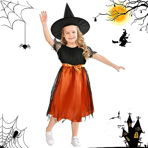 Xtaguvdm Halloween Hexekleid Kinder, Halloween Kostüm Kinder, Hexenkostüm Kinder Mädchen, Mädchen Hexenkostüm, Hexe KostüMe mit Hexehut für Halloween Fasching Cosplay von Xtaguvdm