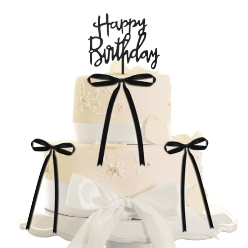 10 Stück Schwarz Bogen Tortendeko Schleife Tortenaufleger Cake Topper mit Happy Birthday Zeichen Hochzeitstorte Deko für Dekorationen Braut Geburtstag Hochzeit von Xthrotsenk
