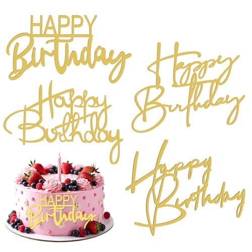 4 Packungen Happy Birthday-Kuchenaufsätze Acryl Spiegel Acryl Kuchenaufsätze Seitliche Cake Topper Geburtstag für Geburtstags Tortendeko Geburtstag Lieferungen (Gold) von Xthrotsenk
