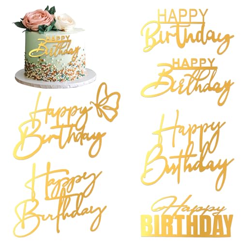 6 Stück Tortendeko Happy Birthday Gold, Acryl Cake Topper Happy Birthday Torten Deko Zahlen Geburtstag Doppelseitige Glitzerbuchstaben für Party Kuchen Desserts von Xthrotsenk