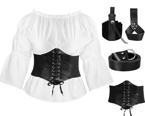 Xtinmee 5 Pcs Frauen Renaissance Bluse Top Mittelalter Zubehör Korsett Gürtel Wikinger Gürtel Tasche Schwerthalter Halloween Kostüm (Schwarz, XX-Large) von Xtinmee