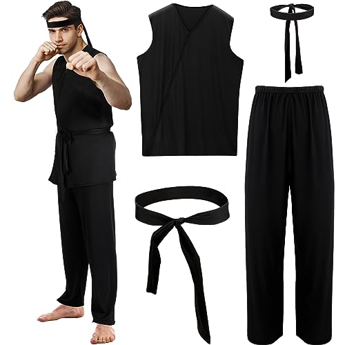 Xtinmee Karate-Kostüm für Herren, Halloween-Kostüm, Erwachsene, schwarz, Karate, Gi, Verkleidung, Uniform mit Stirnband, Cosplay-Outfit, Größe L, 4-teilig von Xtinmee