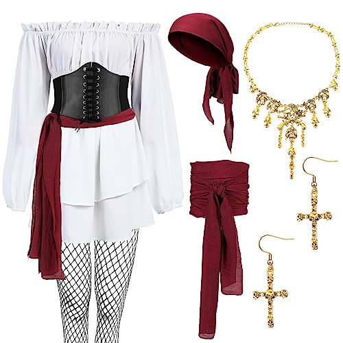 Xtinmee Piratenkostüm, Bluse, Korsett, Stirnband, Halskette, Ohrringe, Gürtel, Fischnetzstrumpf für Halloween, Cosplay, Party, 7 Stück, Vintage-Farben., XL von Xtinmee