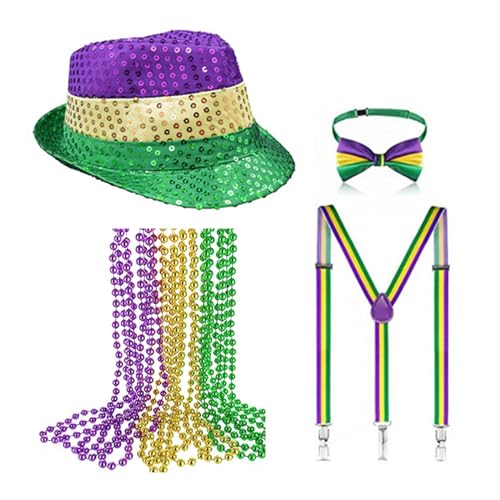 Xuancai MardiGras Kostüm Hut Perlenkette Fliege Hosenträger Maskerade Party Karneval Festival Zubehör Karneval Party Hut Halskette Set Xuancai MardiGras Kostüm Hut Perlenkette Fliege Hosenträger Maskerade Party Karneval Festival Zubehör Karneval Party Hut Halskette Set von Xuancai