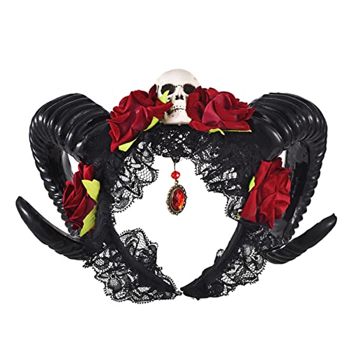 Xuancai Simulation Schafhorn DIY Cosplay Haarreifen Künstliches Ochsenhorn mit Blume Feder Dekor Karneval Halloween Materialien Hörner Ochse Schaf Schwarz Stirnband Dämon Ziege von Xuancai