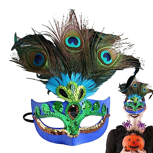 Xuanshengjia Pfauenmaske für Frauen | Deluxe Halbgesichtsmaske mit Federn und Pailletten | Maskerade-Maske für Damen, Kostüm, Pailletten, Halloween, Party, Abend, Abschlussball, Kostümzubehör von Xuanshengjia
