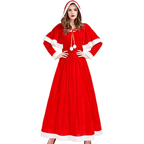 Xuanshengjia Weihnachtsmann-Outfits für Frauen - 2-teiliges Damen-Weihnachtskostüm mit Umhang - Damen-Weihnachtskleid-Kostüm mit Umhang, langärmelig, für Maskerade, Abschlussball, Geschenk, von Xuanshengjia