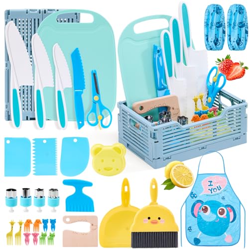 Kindermesser Set,30 teiliges Sicherheits-Küchenset für Kinder ab 3 Jahren Inkl,Schneidebrett,Gemüseausstecher,Kinderschere Montessori Kochset zum Schneiden von Obst,Brot&Gemüse(Blau) von XueerQueer