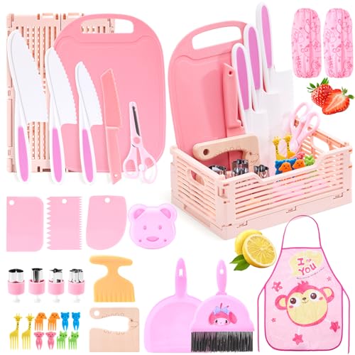 Kindermesser Set,30 teiliges Sicherheits-Küchenset für Kinder ab 3 Jahren Inkl,Schneidebrett,Gemüseausstecher,Kinderschere&Montessori Kochset zum Schneiden von Obst,Brot&Gemüse (Rosa) von XueerQueer