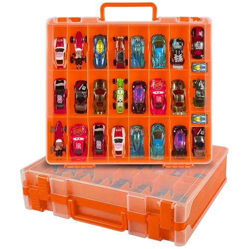 Xuerdon Spielzeugauto Aufbewahrungskoffer für Matchbox Cars. Holder Behälter Tasche für LOL Überraschungspuppen/für Shopkins mit 48 Fächern Doppelseitig-Orange (nur Box) von Xuerdon