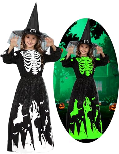 Xumplo Hexenkostüm für Mädchen, Skelett, Gothic, Halloween-Kleid, hell im Dunkeln, mit Hut, 9–10 Jahre Xumplo Hexenkostüm für Mädchen, Skelett, Gothic, Halloween-Kleid, hell im Dunkeln, mit Hut, 9–10 Jahre von Xumplo