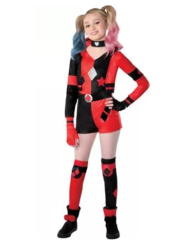 Xumplo Jocker-Halloween-Kostüm für Mädchen, Clown-Kostüm, Deluxe-Cosplay-Kostüm mit Choker-Handschuhen, Beinsocken, gruselig, 10–12 Jahre von Xumplo