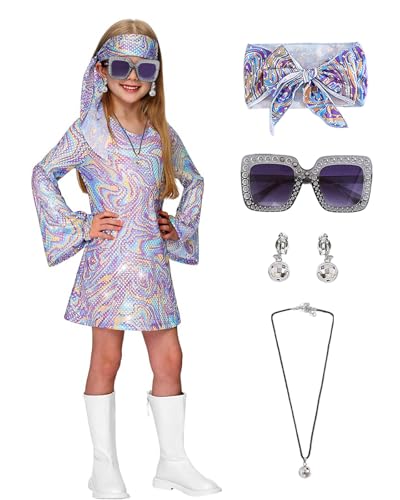 Xumplo Mädchen 70er Jahre Disco Halloween Kostüm Kinder Diva Glockenärmel Tanzparty Kleid mit Zubehör Cosplay 10-12 Jahre von Xumplo