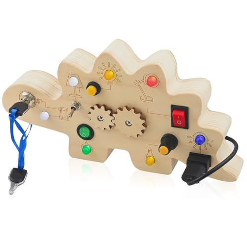 XunHe Montessori Busy Board Baby Spielzeug für Kleinkinder, Activity Board Sensorisches Spielzeug, Dinosaurier Holzspielzeug mit 7 LED Lichtschalterspielzeug für Jungen und Mädch ab 1 2 3 4 Jahr von XunHe