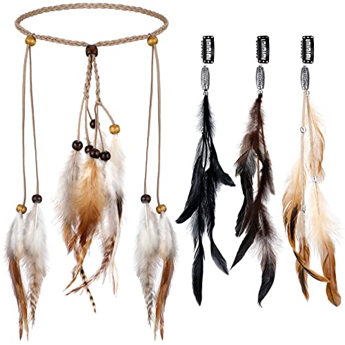 XunYee 4 Stück Halloween-Haarklammern mit Federn, Boho-Federn-Haarreif, Hippie-Haarverlängerungen mit Federclip, Kamm-Set für Damen (Retro-Stil) von XunYee