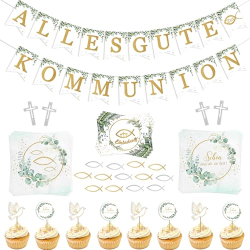 Kommunion Deko 105Stück für Mädchen Junge, Kommunion Servietten+Tortendeko+Girlande Alles Gute Zum Komminion+Einladungskarten+Fische+Kreuze, Erstkommunion Taufe Konfirmation Party Tischdeko Grün Gold von Xunerloy