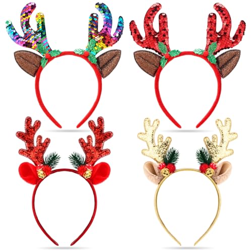 Xuniea 4 Stück Weihnacht Rentier Stirnbänder Geweih Haarreif Rentier Antlers Ohren Anglers Stirnbänder Geweih Kopfschmuck Elchohren Stirnband mit Hirschgeweih Kopfschmuck Weihnachten Halloween von Xuniea