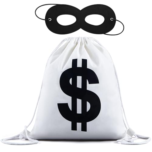 Xuniea 46 cm x 37 cm Dollar Geldsack 2 Stück Bankräuber Kostüm Panzerknacker Turnbeutel mit Dollarzeichen Geldsack und Bandit Augenmaske Schwarz Karneval Einbrecher Cosplay für Fasching Karneval Xuniea 46 cm x 37 cm Dollar Geldsack 2 Stück Bankräuber Kostüm Panzerknacker Turnbeutel mit Dollarzeichen Geldsack und Bandit Augenmaske Schwarz Karneval Einbrecher Cosplay für Fasching Karneval von Xuniea