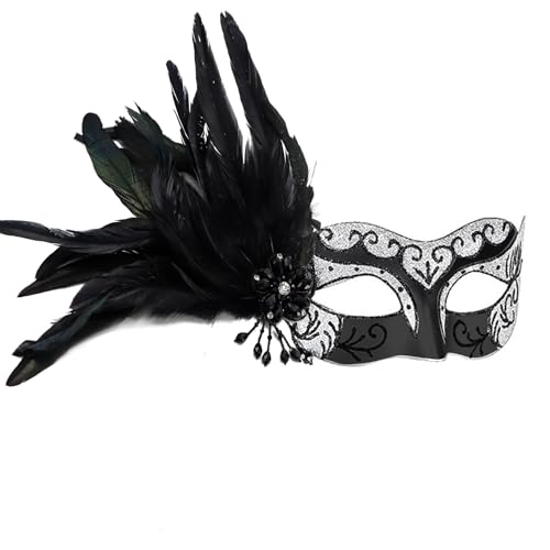 Xvbhaq Damen Maskerade mit Federmaske, Karneval Party Maske, Cosplay Masken，Karneval Venezianische Masken, Maskerade Maske, Fit Karneval Kostüm Spiel, Karneval Party, Fotoshooting (Silber Schwarz) von Xvbhaq