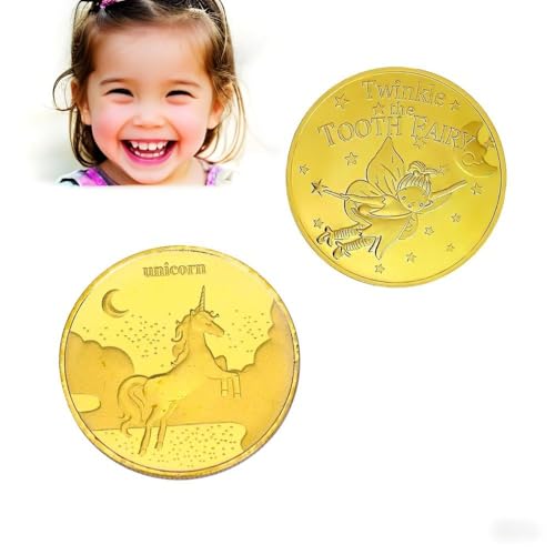 Xvbhaq 2 Stücke Zahnfee Goldtaler,Verlorene Zähne Bei Kindern, Souvenirs Während der Zeit des Zahnersatzes,Goldene Zahnfee-Münzen für Jungen und Mädchen von Xvbhaq