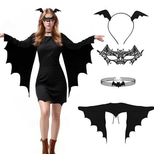Xvbhaq Damen Fledermaus Umhang, Fledermaus Anzug Set, Maske Flügel Kopfband, 4 Zubehör, Halloween, Karneval Cosplay von Xvbhaq