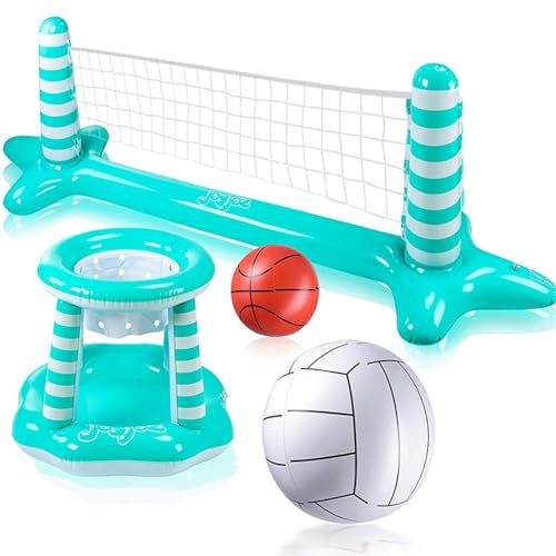 Xweptuy Aufblasbarer Poolvolleyball -Set, 114x28x35 Poolvolleyball Net ＆ 27x23 Basketball Hoop, PVC schwimmende Sommerspiele für Kinder und Erwachsene von Xweptuy