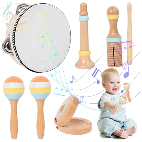 Baby Musikinstrumente 6PCs/Set Educational Hölzer Kleinkind -Musikinstrumente umfassen Tamburin, Sandhammer, Castanets und mehr, Musikspielzeug für Zuhause, Vorschule, Babygeschenke von Xweptuy