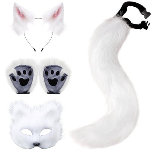 Xweptuy Fox Kostüm 1 Set Realistic Plüsch weiße thematische thematische Therian -Ausrüstung umfasst Fuchsmaske, Ohren, Schwanz und P von Xweptuy