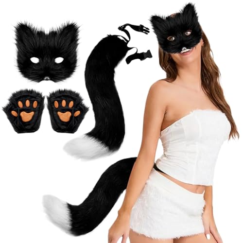 Xweptuy Fox -Maske und Schwanz mit Fuchspfoten realistische personalisierte Therian Maske und Schwanz dekoratives pelziges Kostüm für Cosplay -Party Halloween Masquerade, Schwarz Weiß Xweptuy Fox -Maske und Schwanz mit Fuchspfoten realistische personalisierte Therian Maske und Schwanz dekoratives pelziges Kostüm für Cosplay -Party Halloween Masquerade, Schwarz Weiß von Xweptuy