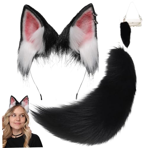 Xweptuy Fuchsohr und Schwanz Set pelzige realistische künstliche süße Fuchsschwanz und Ohren dekorativ schwarzweiß Kostüm für Cospla Xweptuy Fuchsohr und Schwanz Set pelzige realistische künstliche süße Fuchsschwanz und Ohren dekorativ schwarzweiß Kostüm für Cospla von Xweptuy