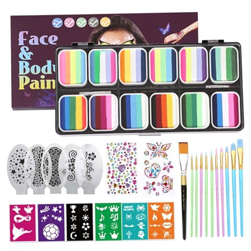 Xweptuy Schminken -Kit, 12 Split Cake Palettes Facepaint Make -up -Kit mit Schablonen -Pinselaufklebern, Regenbogen ungiftiger Gesichtsfarbe Körperfarbe für Kinder Erwachsene, Halloween, Karneval Xweptuy Schminken -Kit, 12 Split Cake Palettes Facepaint Make -up -Kit mit Schablonen -Pinselaufklebern, Regenbogen ungiftiger Gesichtsfarbe Körperfarbe für Kinder Erwachsene, Halloween, Karneval von Xweptuy