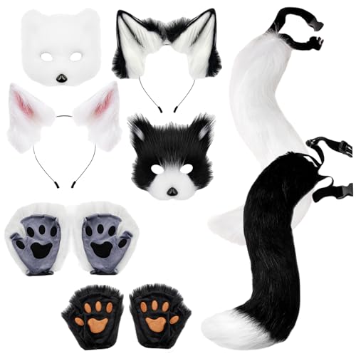 Xweptuy Therian Gear Fox Kostüm Set Faux Fuchs Ohren und Schwanztherianische Pfoten und Maske für Erwachsene Kinder Rollenspielparty, Weiß Schwarz Xweptuy Therian Gear Fox Kostüm Set Faux Fuchs Ohren und Schwanztherianische Pfoten und Maske für Erwachsene Kinder Rollenspielparty, Weiß Schwarz von Xweptuy