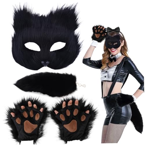 Xweptuy Therianische Maske mit halben Gesichts, gefälschte therianische Schwänze und Faux Paws Handschuhe, weiche pelzige Ausrüstung, pelziges Kostüm für Maskerade Party Ostern Cosplay Xweptuy Therianische Maske mit halben Gesichts, gefälschte therianische Schwänze und Faux Paws Handschuhe, weiche pelzige Ausrüstung, pelziges Kostüm für Maskerade Party Ostern Cosplay von Xweptuy