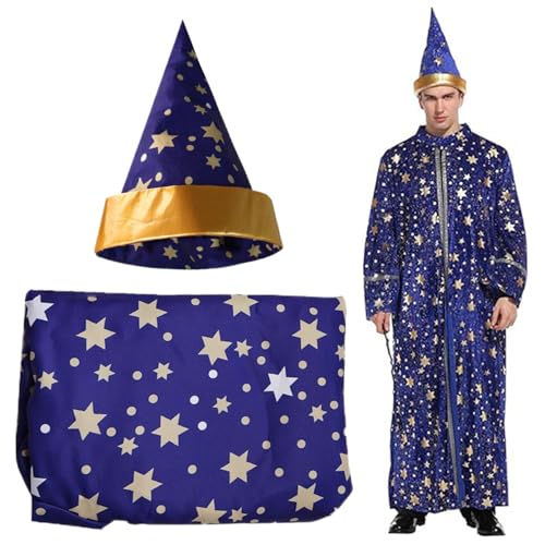 Xweptuy Zauberer Kostüm Langarmes Blue Wizard Robe und Hut Polyester Sternmuster Zauberer Umhang Erwachsene Wizard Robe für Halloween -Party, Cosplay (XL) von Xweptuy