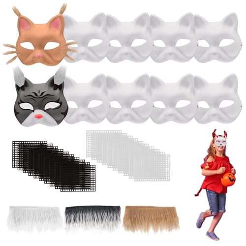 Xylota Katzenmasken zum Bemalen, 10 Stück Cat Mask, Tiermasken zum Bemalen, Handgemalte Masken zum Bemalen kinder, Augennetz und Langes Haar für Halloween, Rollenspiel, Feiertagsparty von Xylota