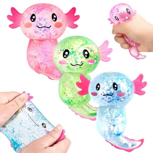 3 Stück Axolotl Squeeze Stress Spielzeug, Glitzernde Axolotl Antistress Spielzeug Squishy, Axolotl Stress Squeeze Spielzeug, Axolotl Squeeze Toy, für Kinder Erwachsener (Grün, Blau, Pink) von Xynqura