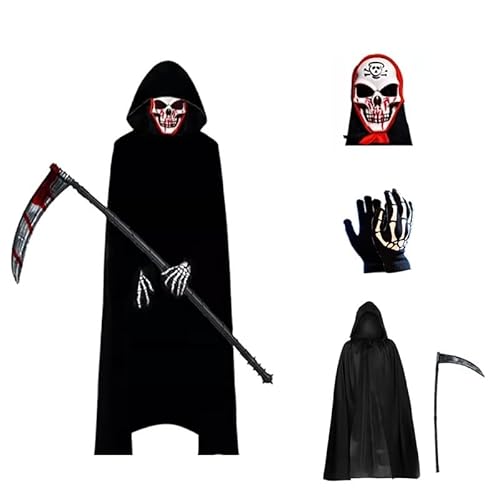 Xzyden Halloween-Party-Kostüm, 4-teiliges Sensenmann-Kostüm-Set für Erwachsene: Umhang, Handschuhe, Sense, Maske, Kostüme für Halloween, Weihnachten, Ostern, Schwarz, 140 cm Xzyden Halloween-Party-Kostüm, 4-teiliges Sensenmann-Kostüm-Set für Erwachsene: Umhang, Handschuhe, Sense, Maske, Kostüme für Halloween, Weihnachten, Ostern, Schwarz, 140 cm von Xzyden