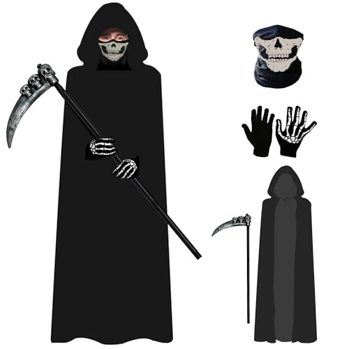 Xzyden Halloween-Party-Kostüm, 4-teiliges Sensenmann-Kostüm-Set für Erwachsene: Umhang, Handschuhe, Sense, Maske, Kostüme für Halloween, Weihnachten, Ostern, Schwarz Xzyden Halloween-Party-Kostüm, 4-teiliges Sensenmann-Kostüm-Set für Erwachsene: Umhang, Handschuhe, Sense, Maske, Kostüme für Halloween, Weihnachten, Ostern, Schwarz von Xzyden