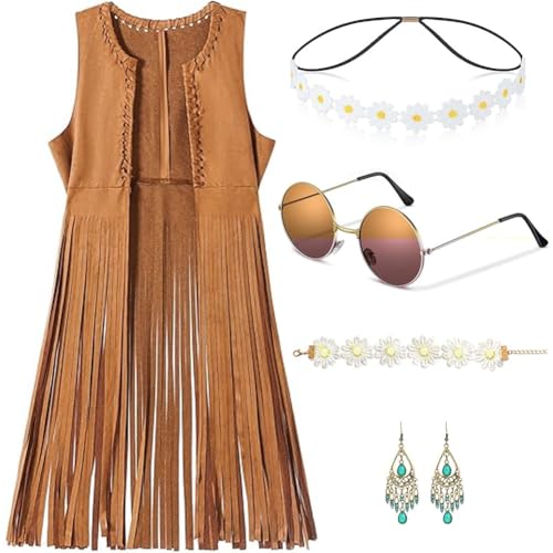 Y.A. LOTUS Hippie Kostüm Damen, mit Hippie Accessoires Faschingskostüme Damen Braun Fransen Weste Hippie Kostüm 60er 70er Jahre Halloween Kostüm XXL Y.A. LOTUS Hippie Kostüm Damen, mit Hippie Accessoires Faschingskostüme Damen Braun Fransen Weste Hippie Kostüm 60er 70er Jahre Halloween Kostüm XXL von Y.A. LOTUS
