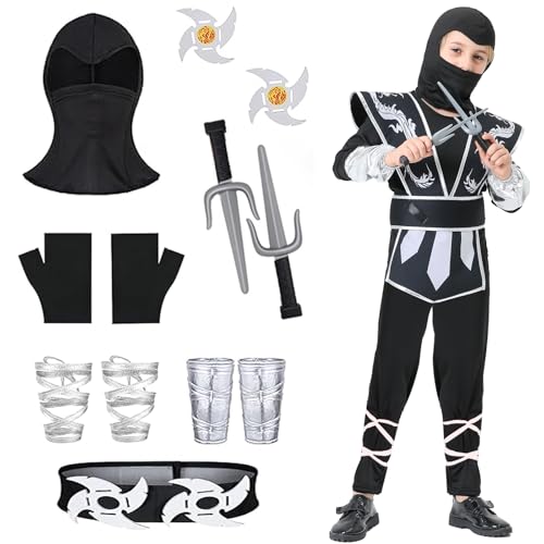 Y.A. LOTUS Karneval Ninja Kostüm Kinder, Halloween Ninja Kostüm Jungen & Mädchen, Weihnachten Ninja Rollenspiel Faschingskostüme (Schwarz Silber, L) Y.A. LOTUS Karneval Ninja Kostüm Kinder, Halloween Ninja Kostüm Jungen & Mädchen, Weihnachten Ninja Rollenspiel Faschingskostüme (Schwarz Silber, L) von Y.A. LOTUS