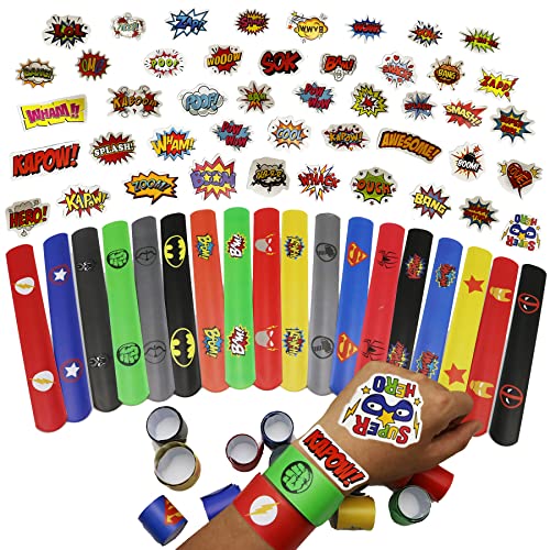 48p Superhelden-Aufkleber & 18p Superhelden-Slap-Armbänder Armband Slap Bands für Kinder Superhelden Avengers Party Bag Filler, Snap Armband Bands Bulk für Kinder Jungen Geburtstag Party von YAAVAAW